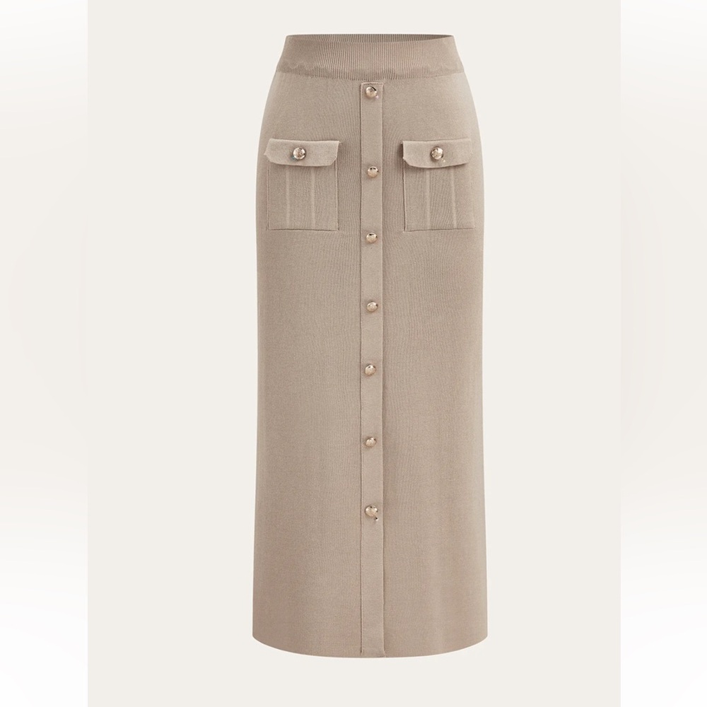Commense Taupe Knit Crop Jacket & Button-Front Maxi Skirt Set - Picture 3 of 7